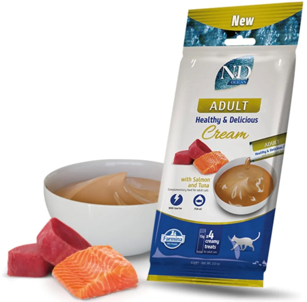 FARMINA N&D Ocean Cat Cream with Salmon & Tuna adult box – cat treat for adult cats – 4x15g