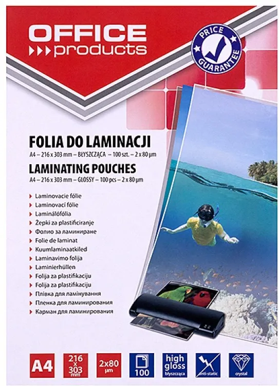 OFFICE PRODUCTS Laminating film, A4, 2x80 microns, glossy, 100 sheets, transparent