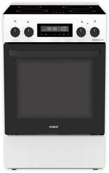Aragaz Samus SM669VDE White, Full electric, 4 zone de gatit vitroceramice, Timer digital, Touch Control, Display digital, Capacitate cuptor: 59 L, Alb