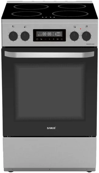 Aragaz Samus SM569VDE Inox, Full electric, 4 zone de gatit vitroceramice, Timer digital, Touch Control, Display digital, Capacitate cuptor: 59 L, Inox (laterale argintii)