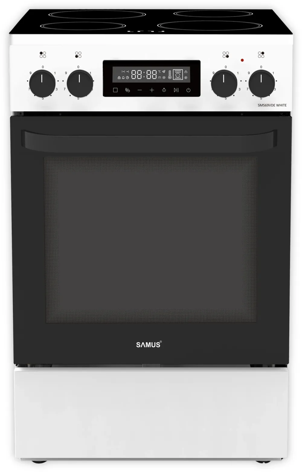 Aragaz Samus SM569VDE White, Full electric, 4 zone de gatit vitroceramice, Timer digital, Touch Control, Capacitate cuptor: 59 L, Alb