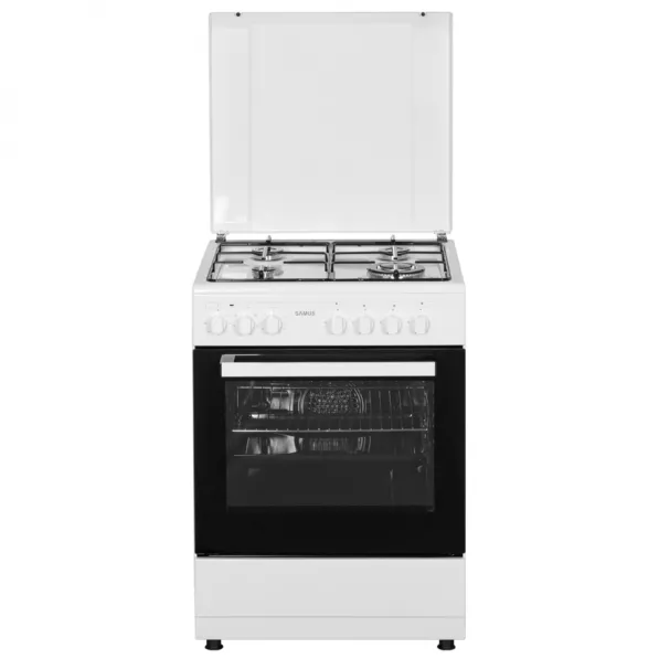 Aragaz Samus SM662AENS WHITE, 4 arzatoare pe gaz (1 arzator WOK), Cuptor electric, Cuptor cu 7 functii, 56 L, clasa A, Grill, Alb