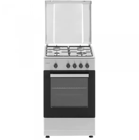 Aragaz Samus SM450BXS, Partea frontala din inox + laterale argintii, 50 cm, 4 arzatoare, Cuptor pe gaz