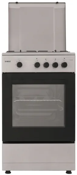 Aragaz Samus SM450BSS, 4 arzatoare, 50 cm x 50 cm, Cuptor pe gaz- 49 L, Siguranta plita + cuptor, Tava + gratar cuptor, Culoare gri-aluminiu
