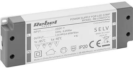 ALIMENTATOR BANDA LED IP20 12V 5A 60W REBEL