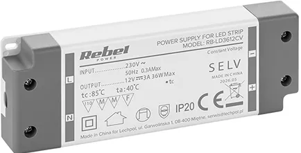 ALIMENTATOR BANDA LED IP20 12V 3A 36W REBEL