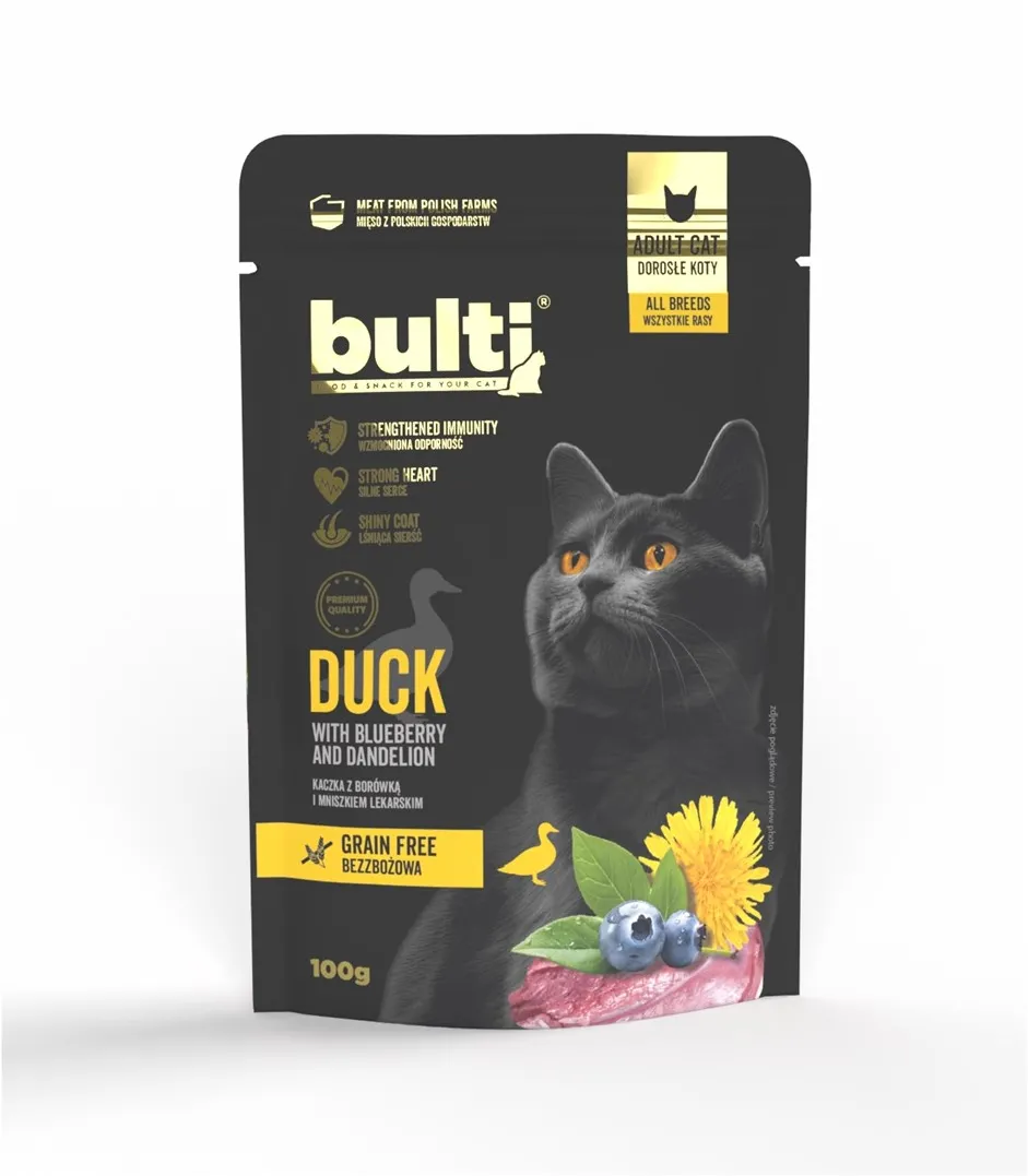 Hrana umeda pentru pisici BULTI Superfoods carne tocata de rata cu afine si papadie Mono 100 g adult