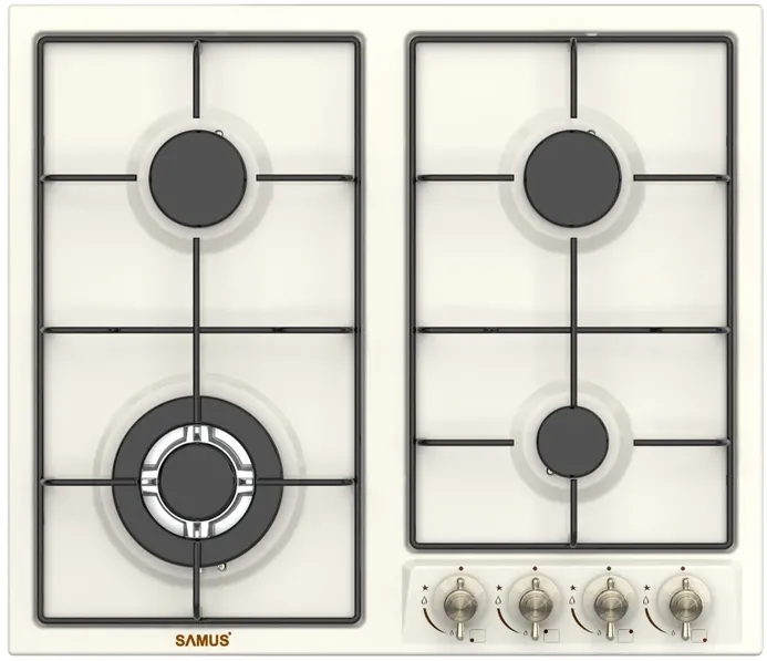 Plita pe gaz incorporabila Samus PSG-64VS3, 4 arzatoare, arzator Wok, putere 8 kW, aprindere electrica, dispozitiv siguranta arzatoare, latime 58 cm, design retro, bej
