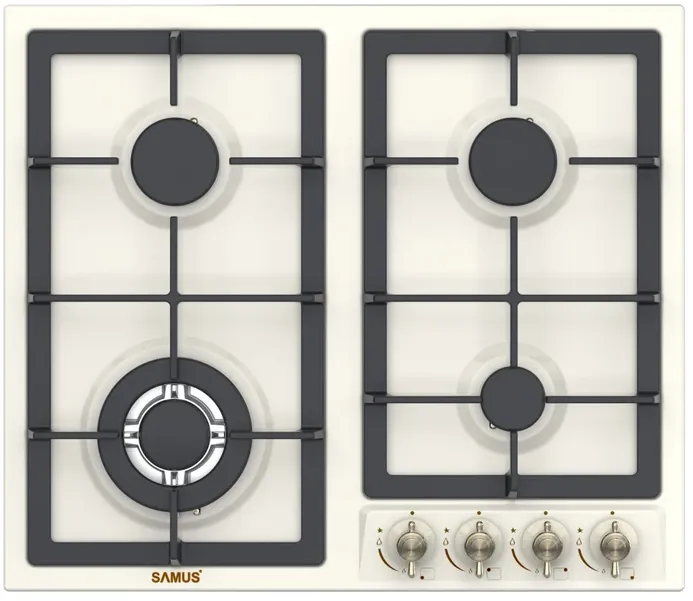 Plita pe gaz incorporabila Samus PSG-64VS2, 4 arzatoare, arzator Wok, putere 8 kW, aprindere electrica, dispozitiv siguranta arzatoare, latime 58 cm, gratar fonta, design retro, bej