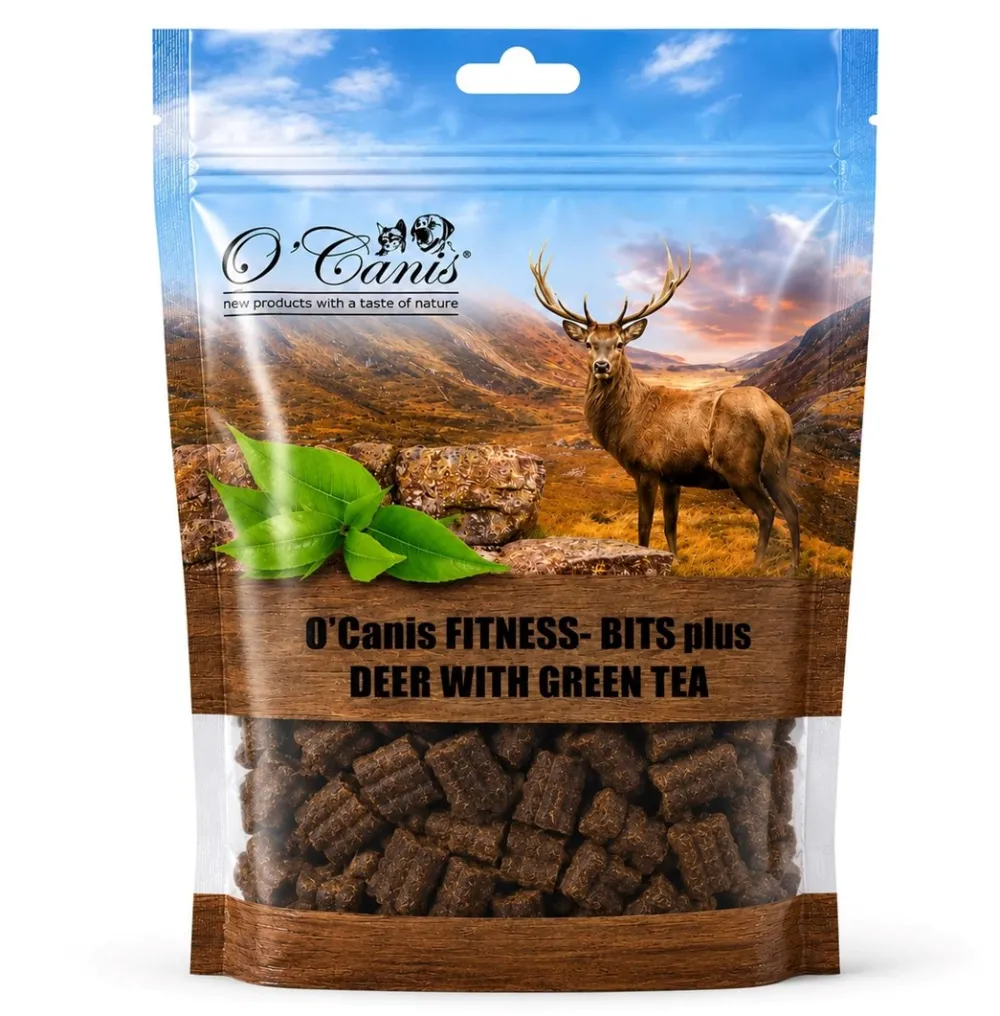 Recompense pentru caini O'Canis Fitness-Bits Plus caprioara cu ceai verde Mono 200 g