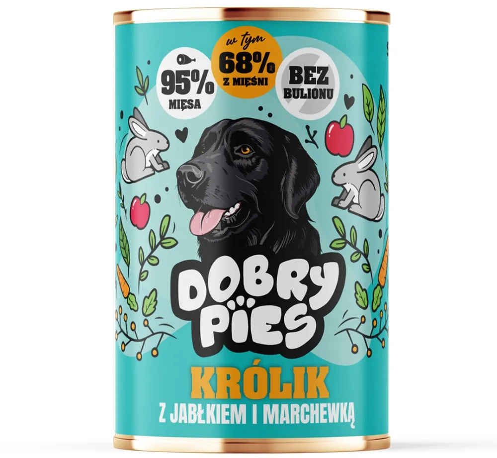 Hrana umeda pentru caini Dobry Pies iepure cu mar si morcov 400 g