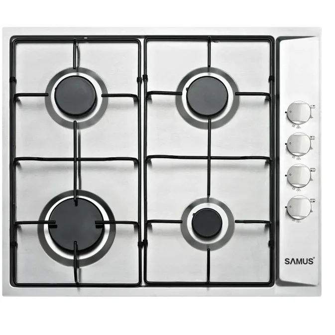 Plita pe gaz incorporabila Samus PSG-64SX, 4 arzatoare, putere 7 kW, aprindere electrica, dispozitiv siguranta arzatoare, butoane cu finisaj inox, panou de control lateral, argintiu
