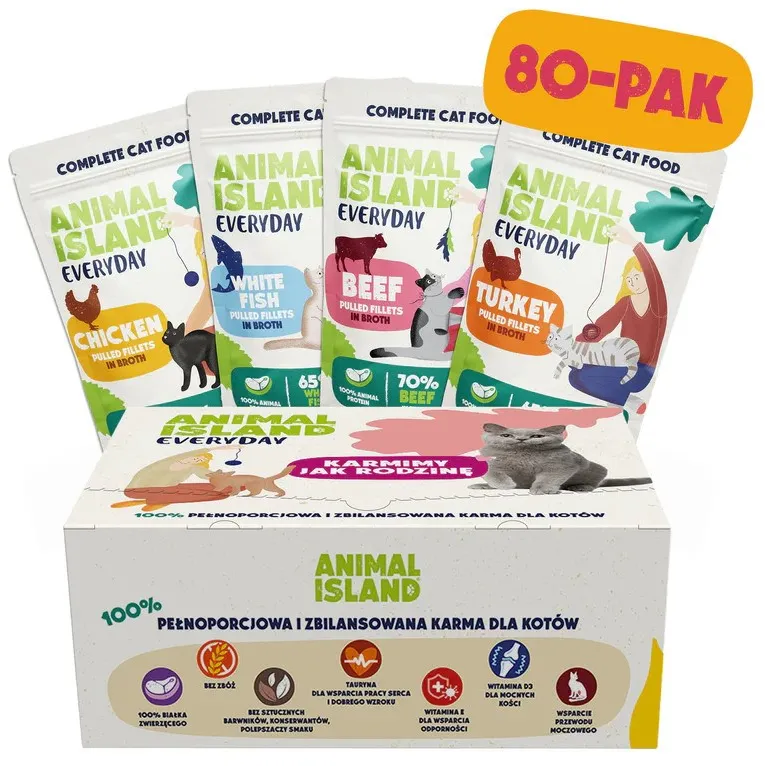 ANIMAL ISLAND Turkey / White fish / Beef / Chicken Fillets in broth - wet cat food - 80x85g