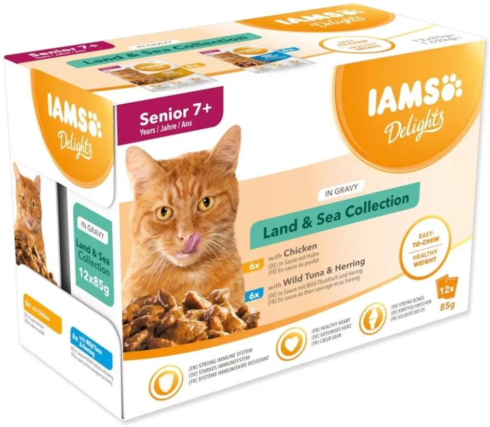 IAMS DELIGHTS Senior Land & Sea Collection in Gravy box – wet cat food – 12x85g