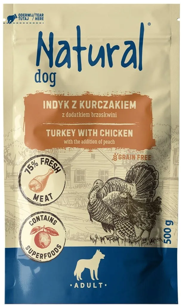 Hrana umeda pentru caini NATURAL curcan cu pui si piersica 500 g