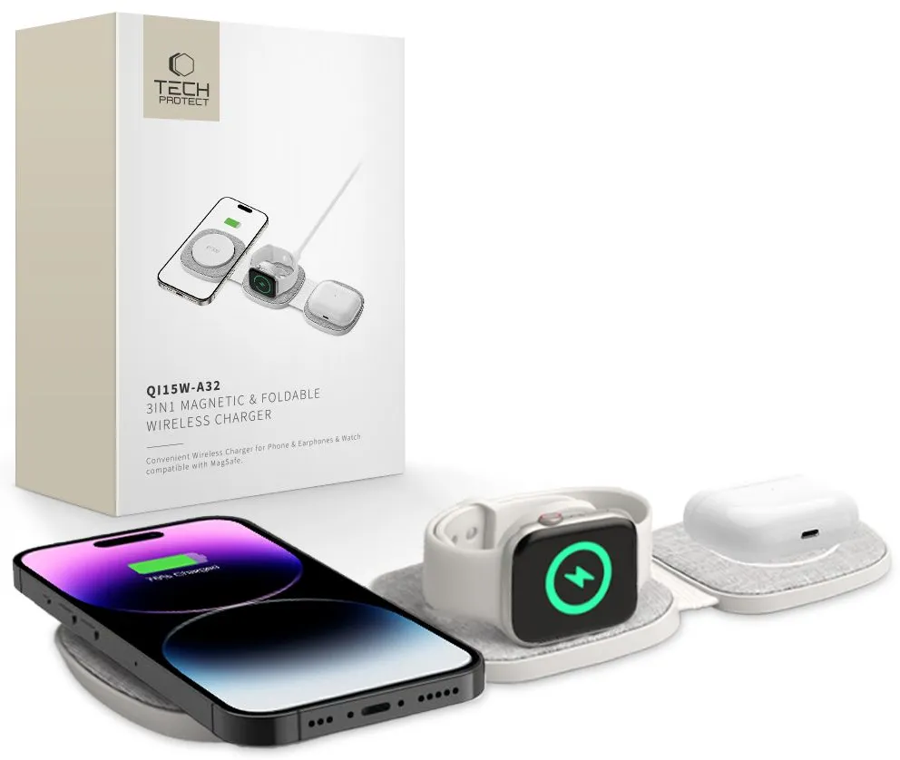 Incarcator wireless 3 in 1 Tech-Protect QI15W-A32 MagSafe 15 W pentru smartphone, Apple Watch si AirPods gri