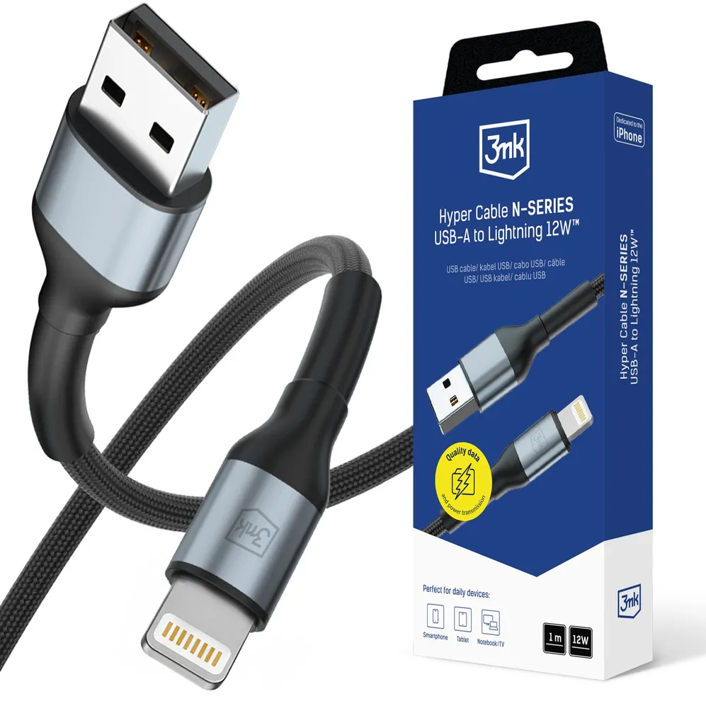 3MK Cablu Alimentare, USB, iOS, 12W, 1m - 3mk Hyper N-Series - Black