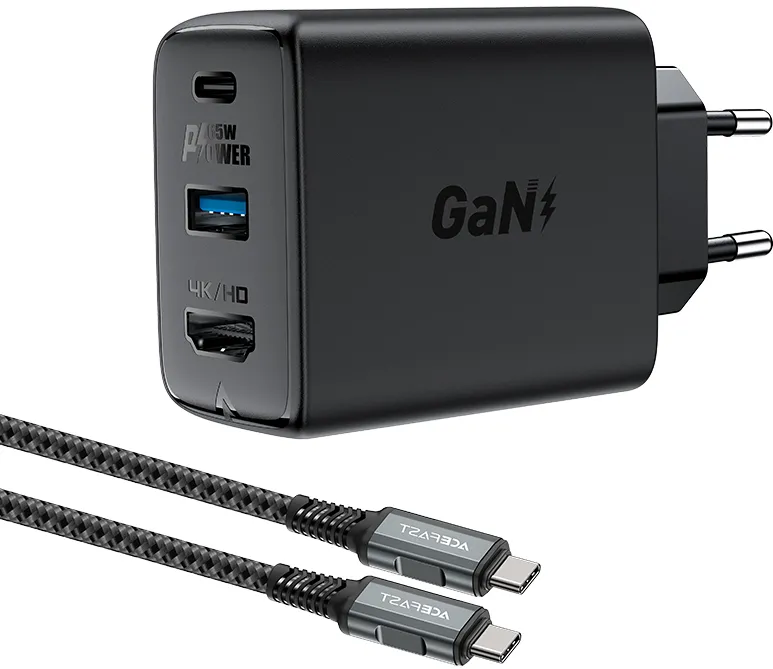 Incarcator priza Acefast A17 2in1 GaN 65W USB-C / USB-A cu adaptor HDMI 4K 60Hz si cablu negru