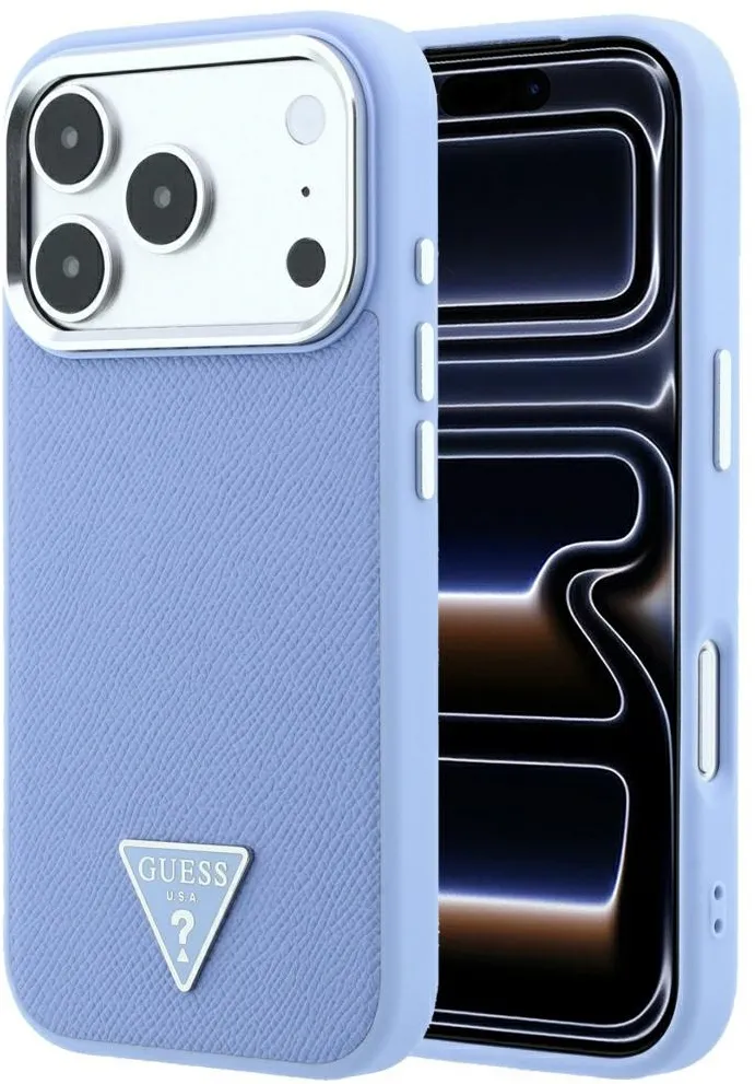 Husa Guess Grained Triangle Logo MagSafe iPhone 18 Pro Max / 17 Pro Max albastru