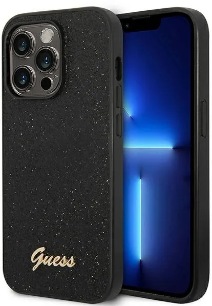 Husa Guess Glitter Script negru iPhone 14 Pro