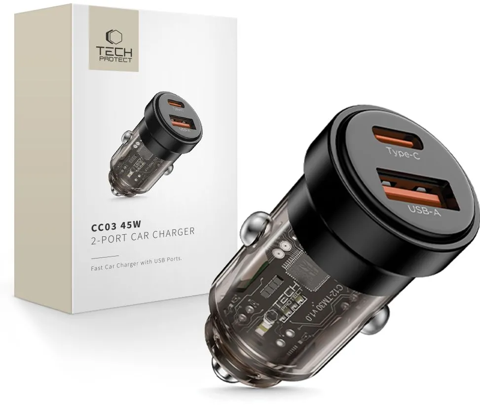 Incarcator auto Tech-Protect CC03 45W USB-A + USB-C negru