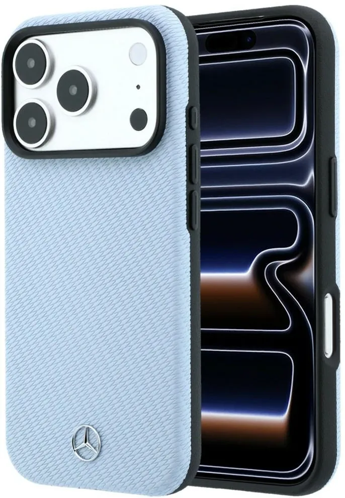 Husa Mercedes Leather Semi Wrap Wood Effect MagSafe pentru iPhone 17 Pro / 18 Pro albastru