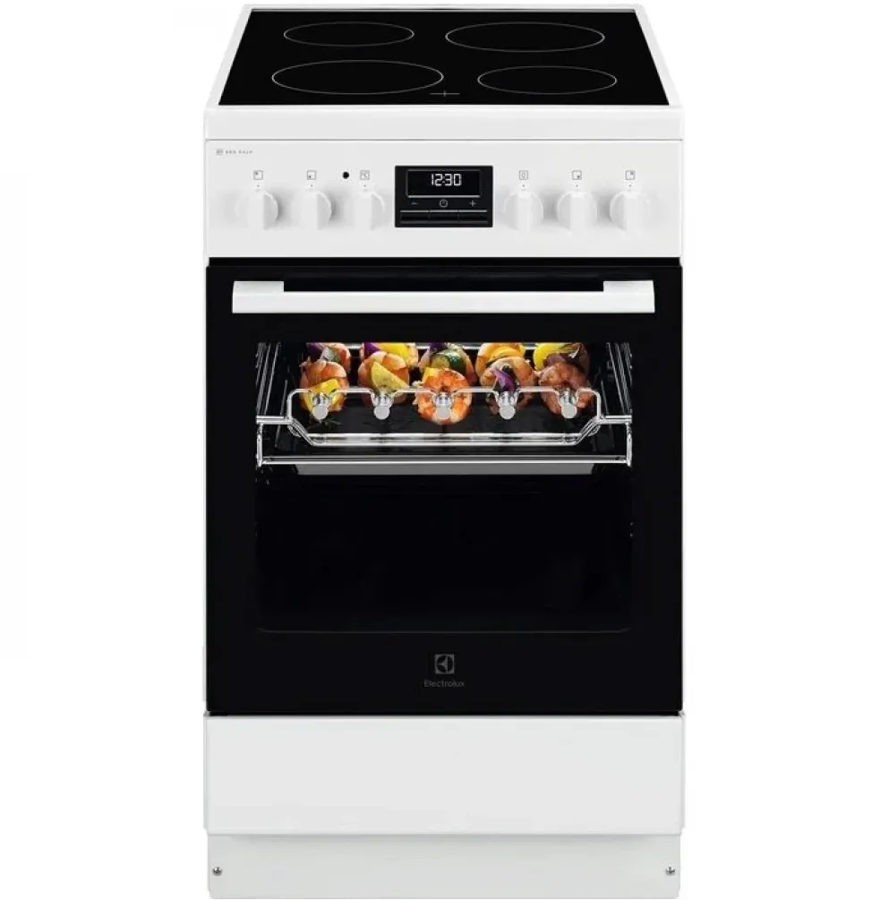 Aragaz Electrolux LKR540267W, Electric, Vitroceramica, 4 zone de gatit, Raft BBQ, Timer electronic, Grill, Iluminare cuptor, Clasa A, 50 cm, Alb