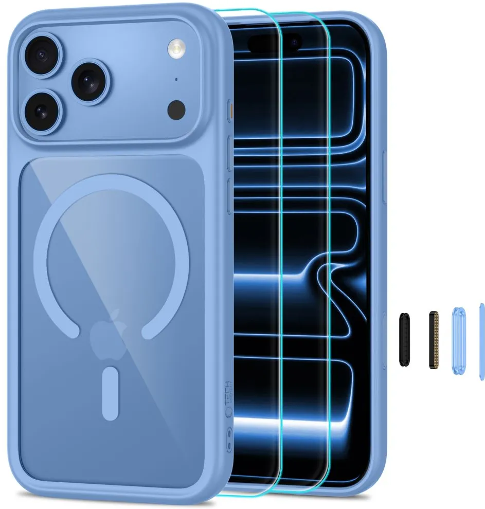 Set husa Tech-Protect MagOne CC MagSafe + 2 sticle securizate pentru iPhone 18 Pro Max / 17 Pro Max transparent/albastru