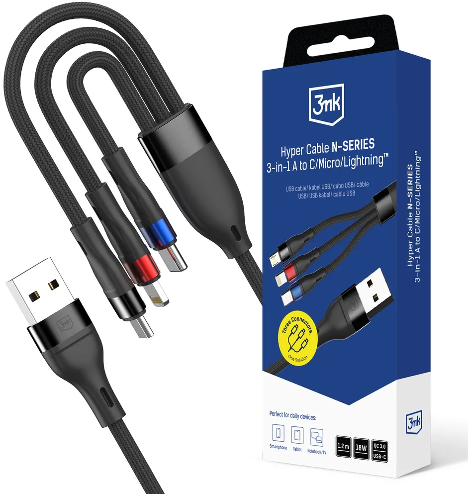3MK Cablu Alimentare 3in1, 18W, USB, USB-C, 1.2m, negru