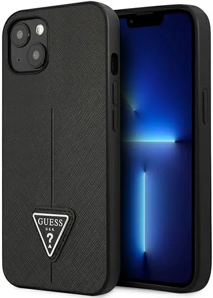 Husa Guess GUHCP13SPSATLK Saffiano Triangle Logo pentru iPhone 13 mini 5.4" neagra