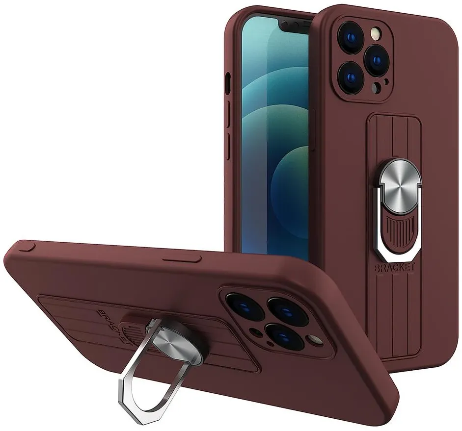 Husa silicon Ring Case cu inel pentru deget si suport pentru Samsung Galaxy A22 4G maro