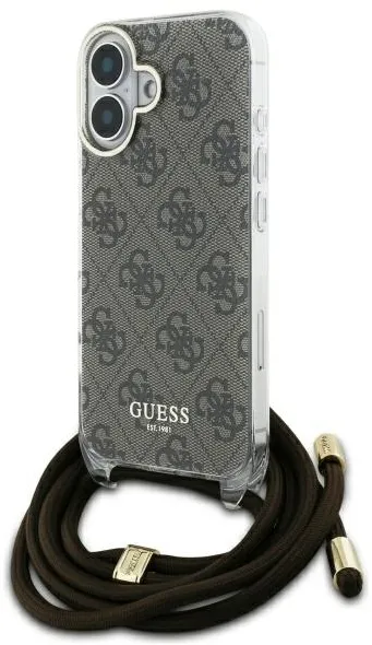 Husa Guess Crossbody Cord 4G Print cu snur iPhone 16 maro