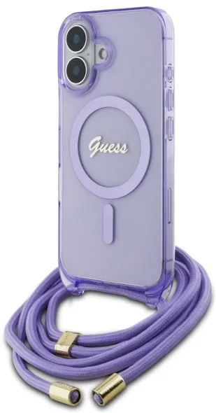 Guess Crossbody Cord Script MagSafe iPhone 16 Case - Purple