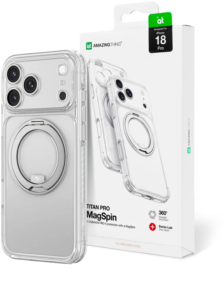 Husa protectie AmazingThing Titan Pro Spin Lens MagSafe cu inel rotativ iPhone 18 Pro transparenta