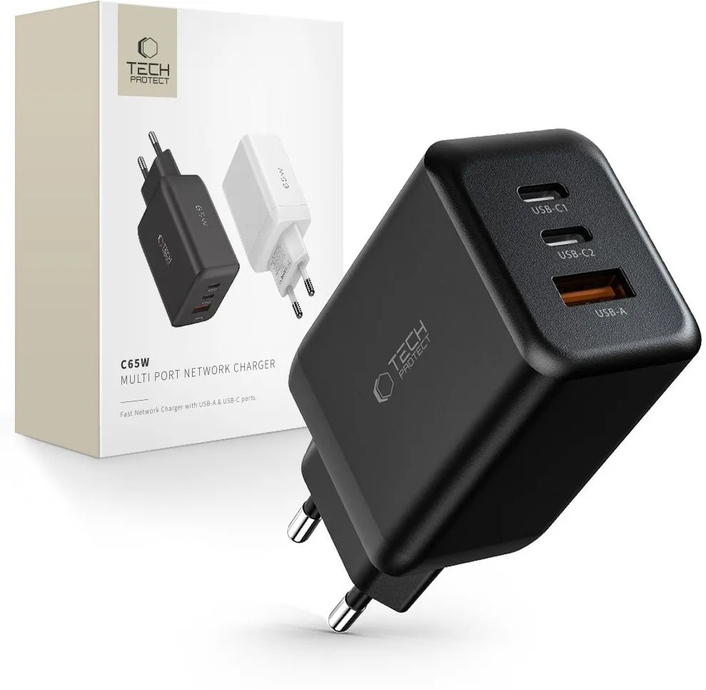 Incarcator retea Tech-Protect C65W 65 W 2x USB-C PD 1x USB-A QC 3.0 negru