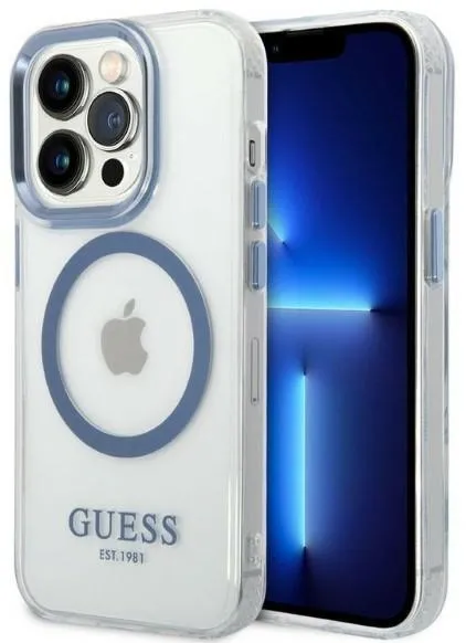 Husa protectie Guess Metal Outline MagSafe albastru iPhone 14 Pro
