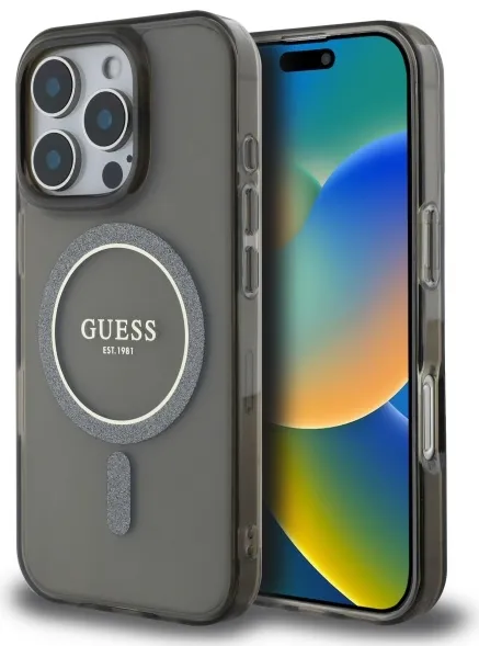 Husa protectie Guess IML Glitter Circle MagSafe negru iPhone 16 Pro Max