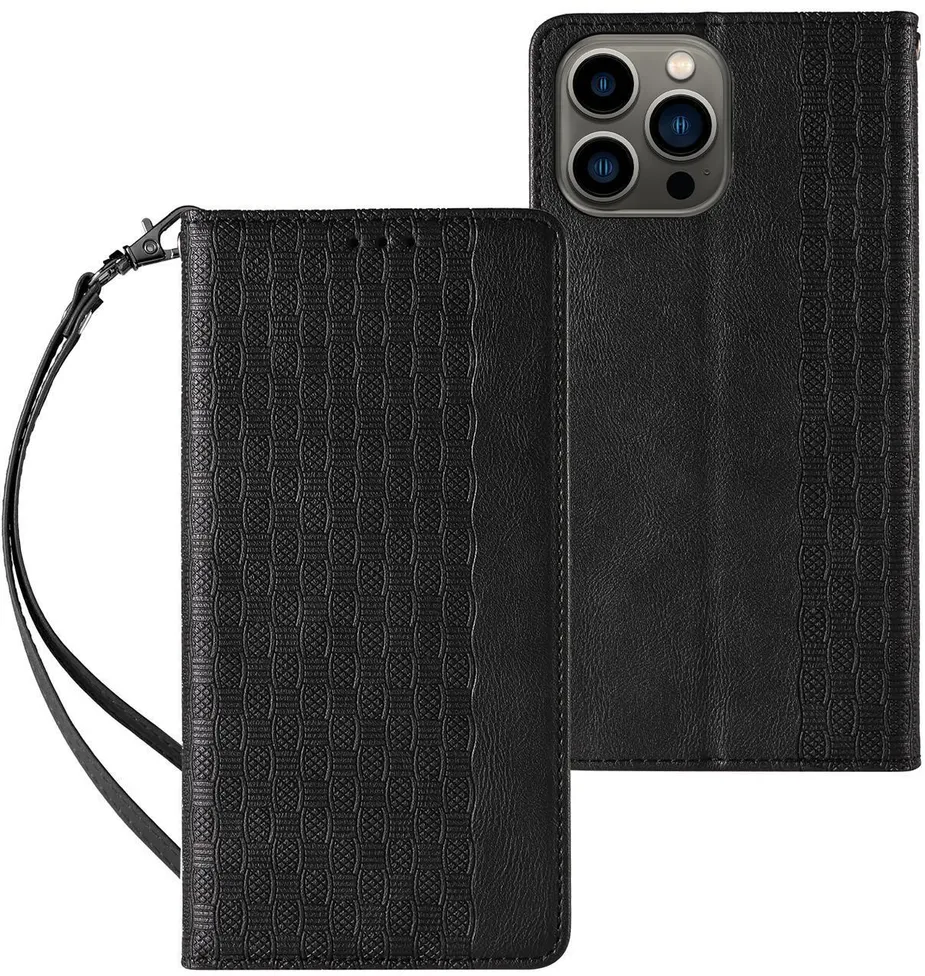 Husa flip Magnet Strap Case cu portofel, suport si snur pentru iPhone 14 negru