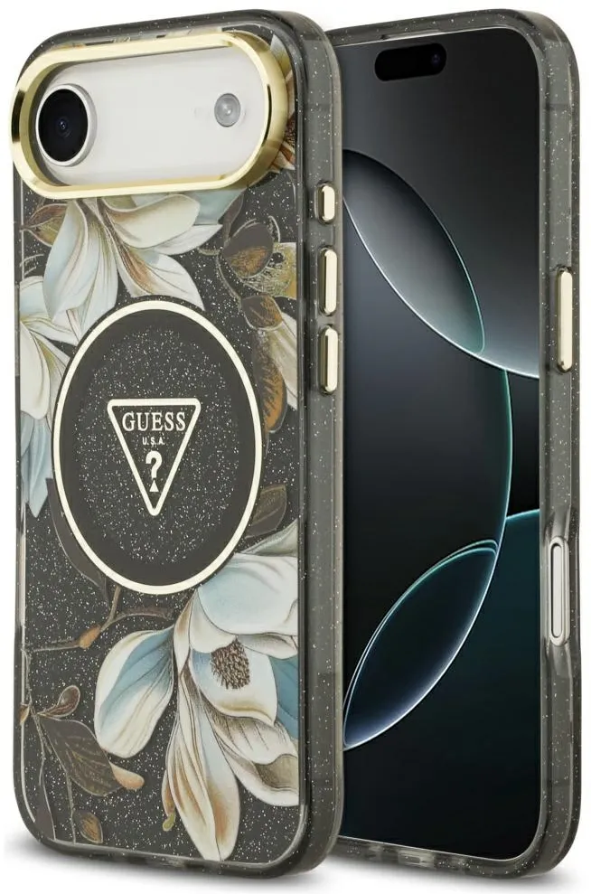 Husa Guess IML Glitter Flowers Triangle MagSafe pentru iPhone Air negru