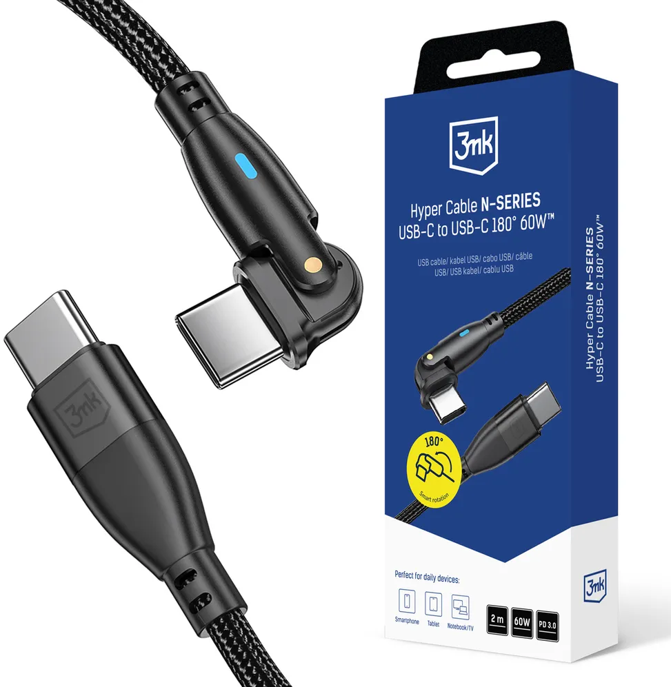 3MK Cablu de date 3MK Hyper N-SERIES, USB-C la USB-C, 60W, 3A, 2m, Negru, rotire 180 grade