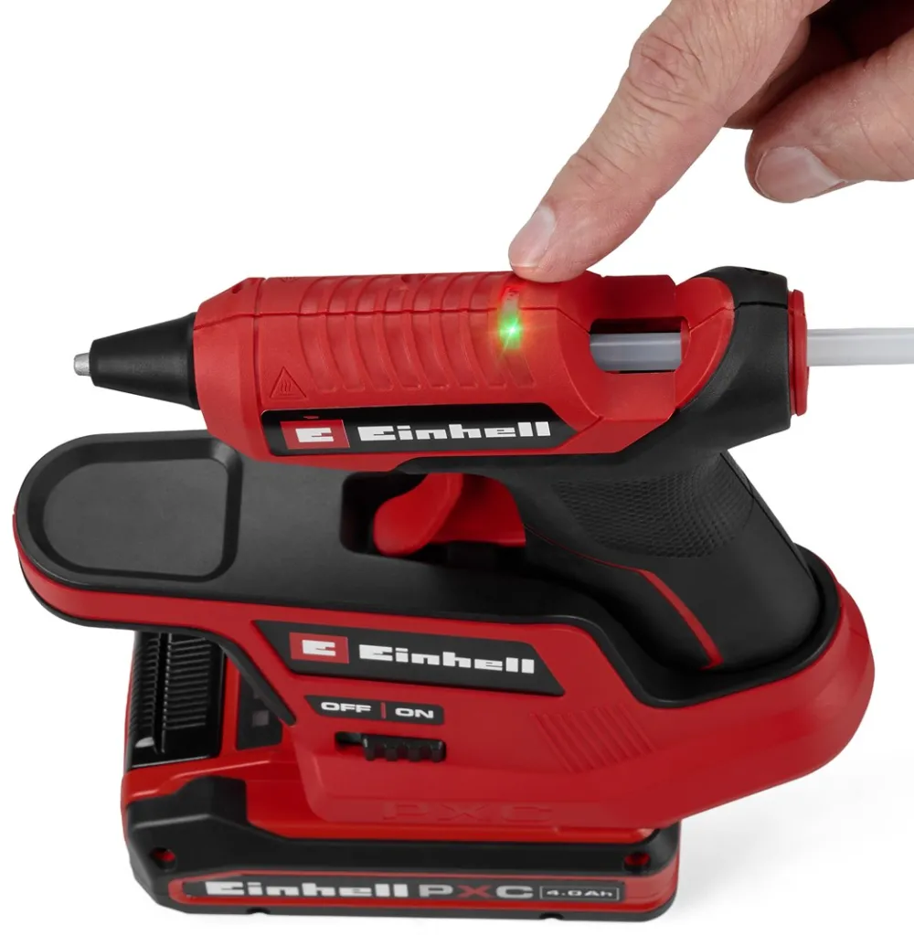 Pistol de lipit fara fir Einhell TE-CG 18/7 Li-Solo PXC, 18 V, max. 180 °C, timp de incalzire 165 sec., tava de scurgere, statie de baza, incl. 3 batoane de lipit x 7, livrat fara baterie