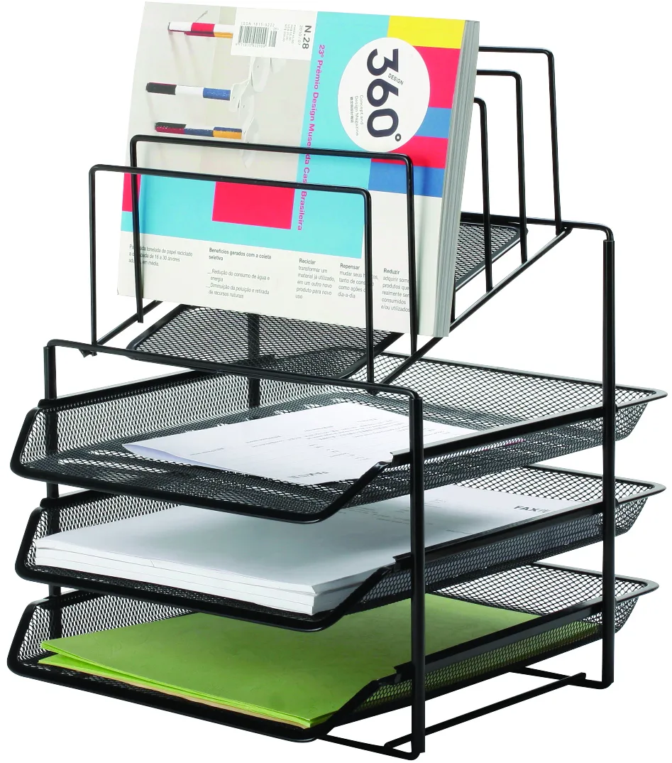 Set 3 tavite metalice Mesh, suprapozabile + suport documente cu 5 separatoare, Q-Connect - negru