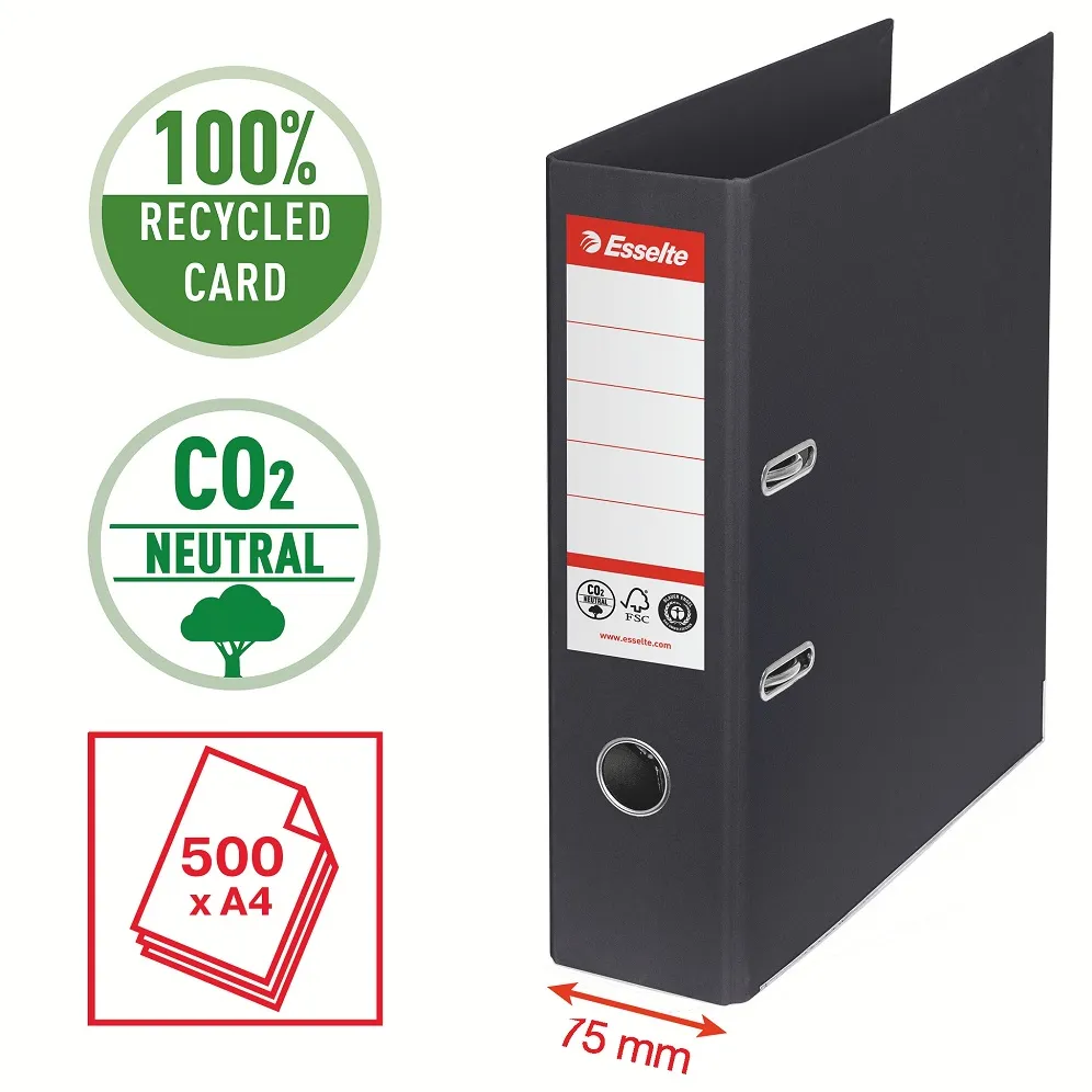 Biblioraft Esselte No.1 Power Recycled, carton CO2 neutru, 100% reciclat, FSC, A4, 75 mm, negru