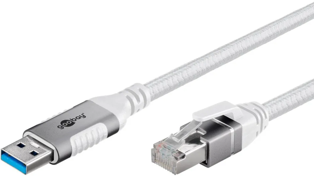 Cablu adaptor LAN goobay 74163 USB-A 3.2 Gen1 tata la RJ-45 tata Cat.6 1 Gbit/s alb 10 m cu manta textila