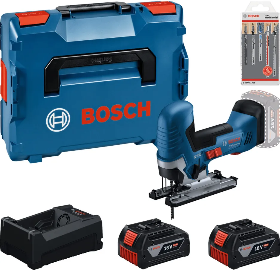 Bosch Powertools cordless jigsaw set with 2 batteries 5.0 amp hours, quick charger and jigsaw blade set in L-BOXX (boxed)