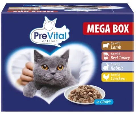 Set hrana umeda pentru pisici PREVITAL Megabox cu miel, vita, iepure si pui in sos 24 x 100 g adult
