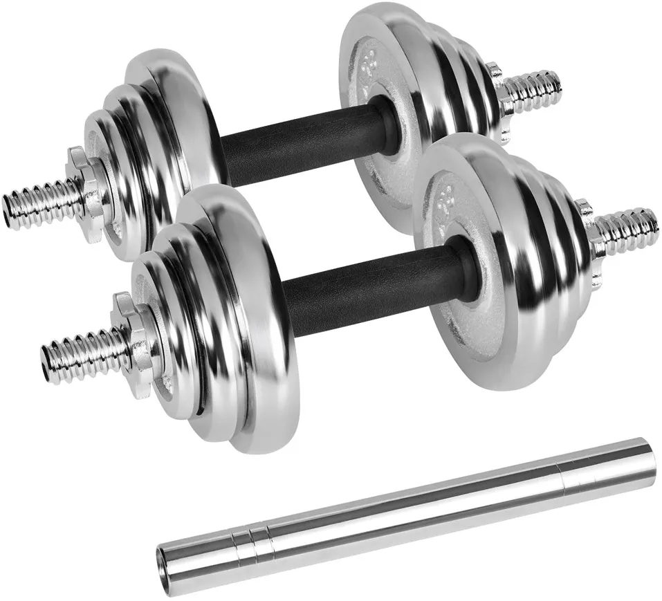 REBEL ACTIVE Chrome Adjustable Dumbbells in a Case 20 kg with Barbell