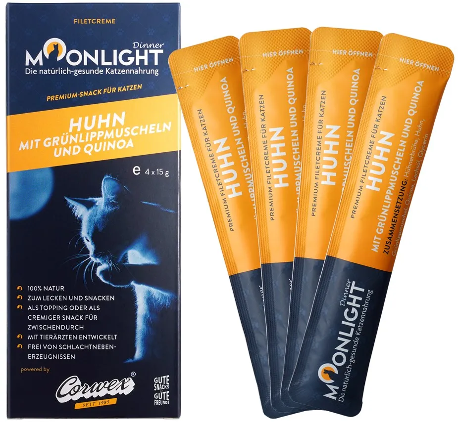 Recompensa pasta pentru pisici Moonlight Dinner pui cu midii si quinoa 4 x 15 g