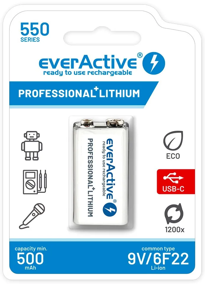 Rechargeable battery everActive 6F22/9V Li-ion 550 mAh with USB TYPE C