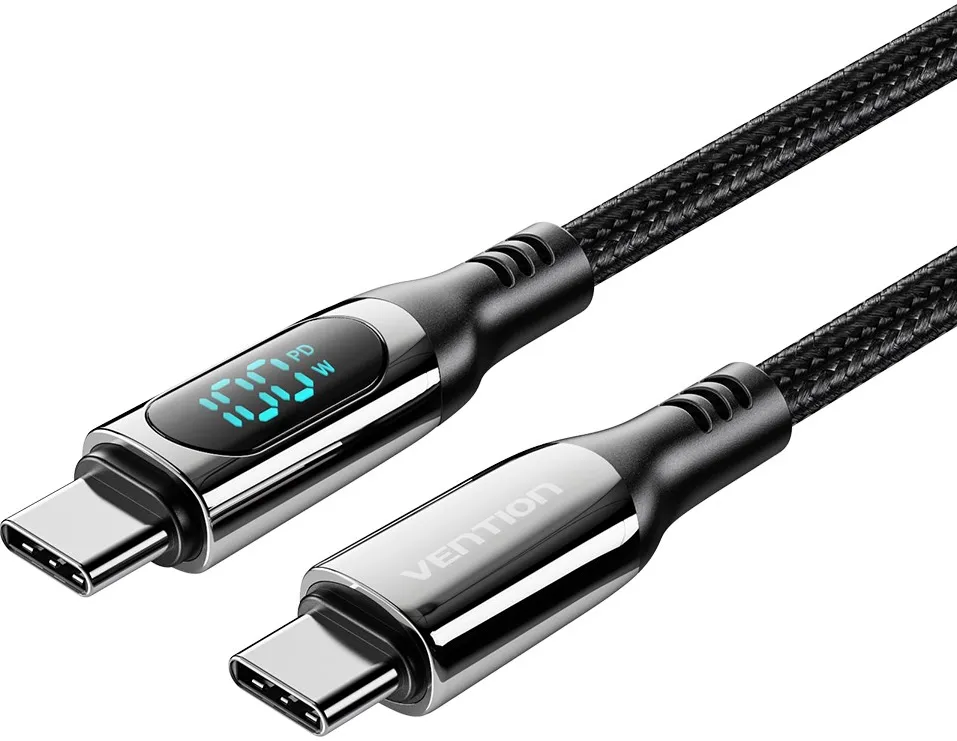Vention Cotton Braided USB 2.0 C Male to C Male 5A Cable With LED Display 1.2M Black Zinc Alloy Type
